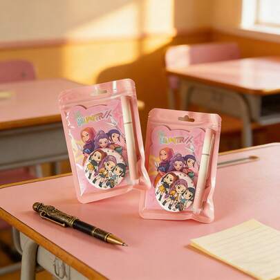 Hasbro 8pcs Stationery Set, Includes Notebook, Ruler, Spiral Notebook, Ballpoint Pen, Badge, K-Pop , Girl Toy, Colorful Fashion, Cartoon Pattern, Designed For K-Pop Fans. Suitable For School, Writing, Rewards, Personalized Gifts, Party Decorations, Easter Gift Bags