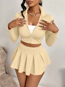 Women's Sexy 2-Piece Set, Slimming Top And Girly Style Safety Pants/Skirt, Suitable For Sports,Daily Life,Tennis,L Elegant Zipper Design,Autumn/Winter - 杏色 - 查看 5