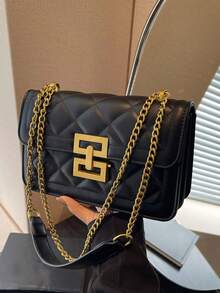 Bolso cuadrado pequeño de diseño de nicho con hebilla de metal, bolso de mensajero de cadena de hombro versátil y de lujo ligero, bolso de hombro clásico y versátil personalizado, y bolso de hombro de moda para ir al trabajo y citas. - Negro - Ver 8