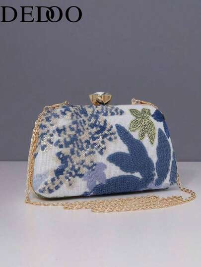 Dedoo 1个新款花卉图案女士手提包，2025新款复古蓝色亮片刺绣花朵链条晚宴包，适合派对女孩、新娘、新婚夫妇和上班族女性，派对、婚礼，迷你盒包（图案随机），适合工作、商务旅行、外出、通勤，蓝色