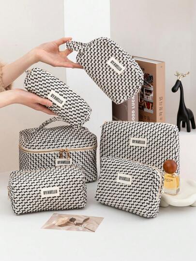 1pc/6pcs Large Capacity Fashionable High-End Black And White Striped Color Block Travel Cosmetic Bag, Portable Travel Toiletry Bag, Cute Color Block Makeup Bag, Portable Storage Pouch, Travel Essential Storage Bag, Back To School Supplies, Bohemian Style Cosmetic Bag, Fashionable Women Wallet And Handbag, Suitable For Home, Travel, Vacation And School, Bedroom Essential, Bridesmaid Gift, Mother's Day Gift, Birthday Gift