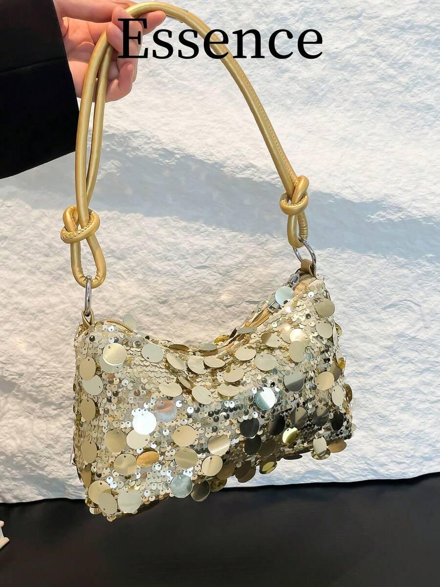 1pc Gold-Tone Glittery Crescent Moon Shape PVC Shoulder Bag For Women , Gold Bag