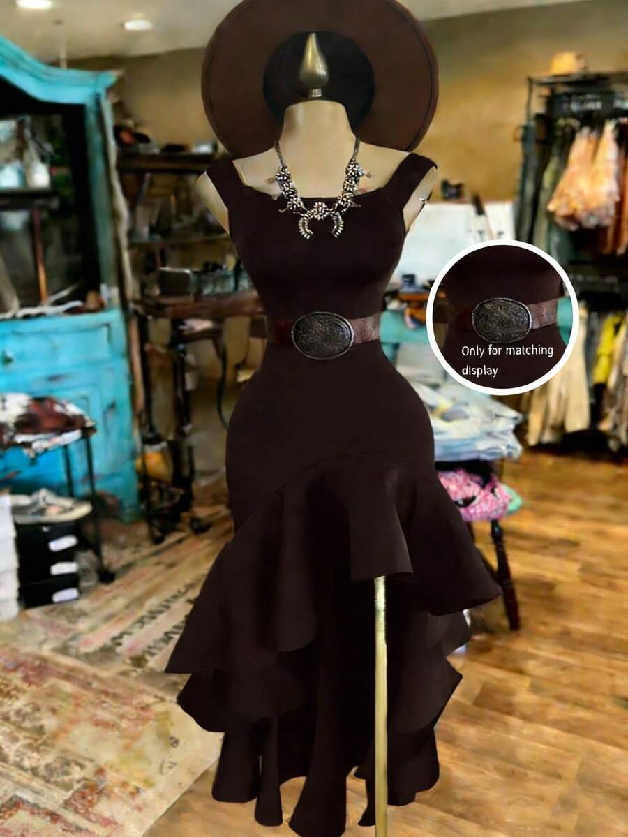 Vestido elegante y sexy de tirantes finos para mujer LADYMUSE, vestido ajustado con cintura ceñida, vestido con volante asimétrico en el bajo, vestido para fiesta/cita nocturna [Cinturón no incluido] Verano - Café integral - Ver 1