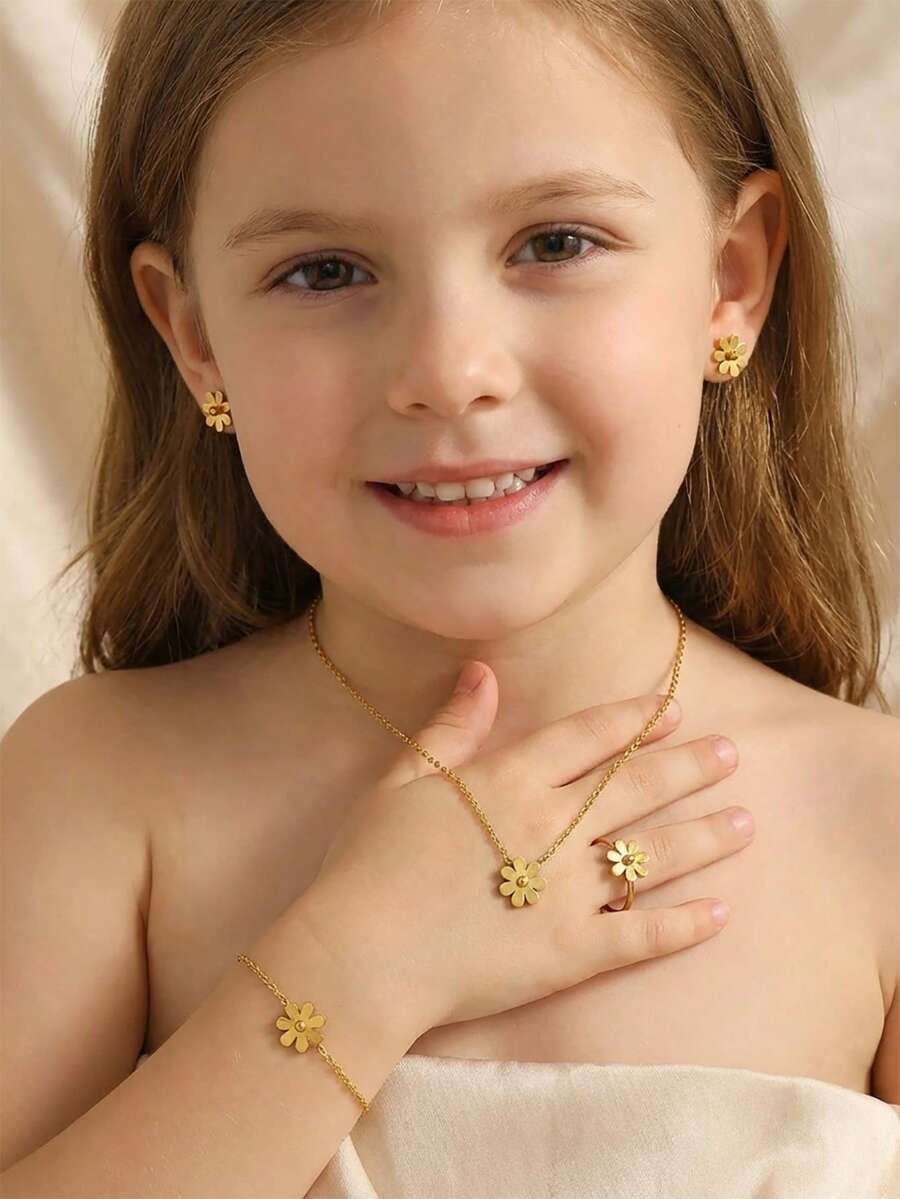 Bộ 4 món trang sức thời trang tinh tế bằng thép không gỉ mạ vàng gồm dây chuyền mặt dây chuyền hình hoa cúc, vòng tay và bông tai, dành cho nữ, thích hợp đeo hàng ngày, làm quà tặng phù hợp cho mọi mùa. - Vàng - Xem 1