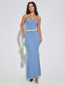 Đầm hai dây dệt kim gân màu trơn dành cho nữ, kiểu dáng thanh lịch, thích hợp cho các buổi tiệc mùa hè. - Màu xanh lam - Xem 5