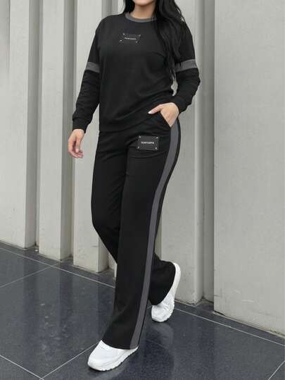 2 piezas Conjunto de camiseta de manga larga de cuello redondo con estampado de rayas y gráficos, y pantalones de pierna ancha con cintura elástica, estilo casual y holgado para mujer, atuendo cómodo para el uso diario, primavera/otoño, color negro