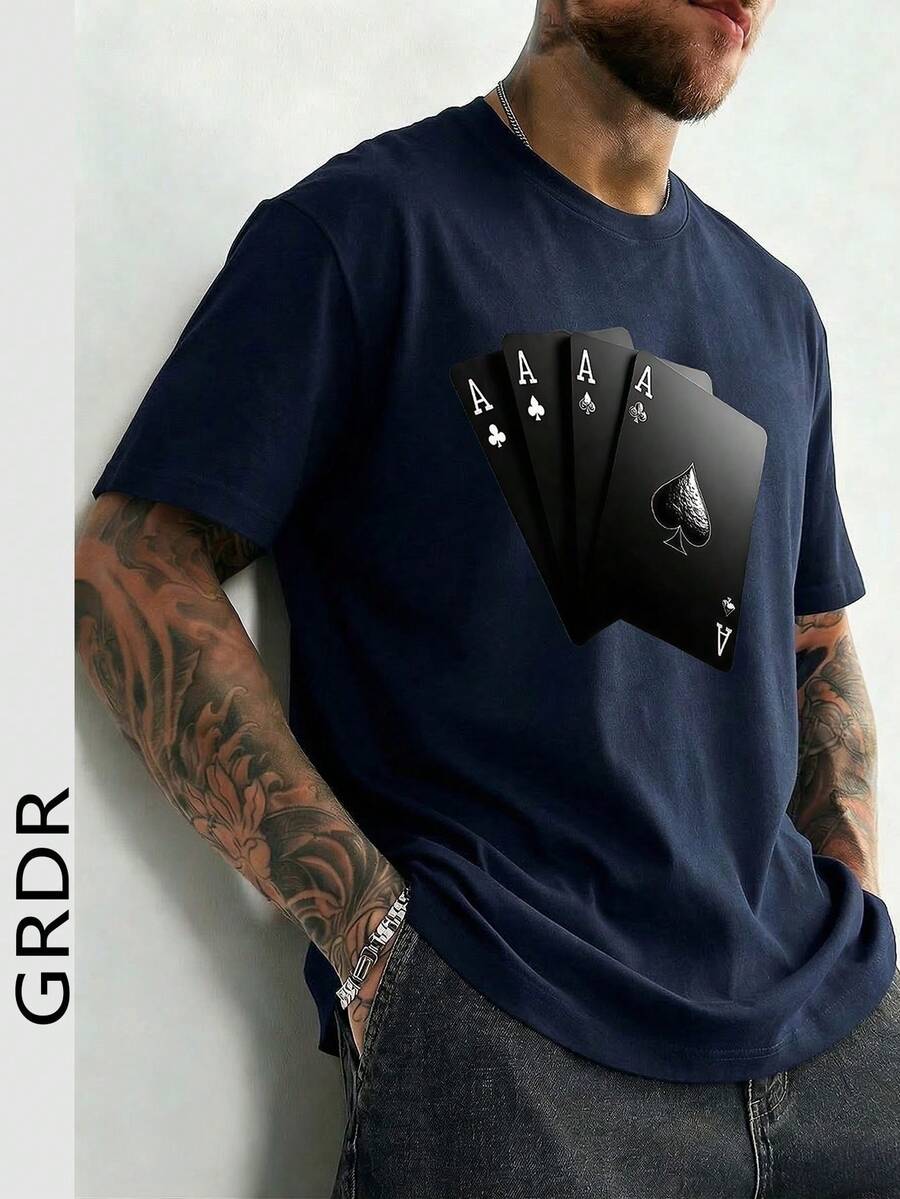 GRDR 男士时尚印花宽松短袖T恤 | 精致设计 | 夏季必备 | 百搭易配 | 展现你的风格 - 藏蓝色 - 查看 1