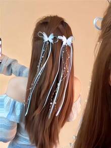 2 pièces/set Pinces à cheveux avec nœud papillon à gland bleu éthéré, design papillon transparent + Bandeau à chaîne de perles fausses à gland éthéré, essentiel pour la saison des mariages - Convient aux femmes et aux filles, adapté pour le quotidien, les rendez-vous, les sorties, l'école, les séances photo dans divers scénarios, crée facilement l'ambiance, l'été, les vacances, les voyages, les festivals, les anniversaires - Multicolore - Voir 4
