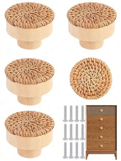 1-3 Tiradores de cajón de ratán, 1,57 pulgadas/40 mm Tiradores de tocador estilo bohemio, Herrajes de manija de gabinete de madera hechos a mano, Tiradores de cajón de ratán tejido con tornillos, Adecuado para gabinetes de cocina, Tiradores de tocador y otros muebles.