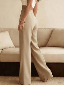 Women's Solid Color Wide Leg Business Pants, Straight Leg Casual Trousers, Versatile For Various Occasions And Commuting White Spring - 卡其色 - 查看 5