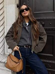 女士灰色麂皮夹克，宽松休闲街头风，拉链口袋，秋冬外套 - 灰色 - 查看 4