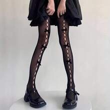 1 Pair Women's Sheer Bow Mesh Pantyhose, Bowknot Decors Hole Mesh Stockings Sexy See-Through Fishnet Pantyhose High Waist Hollow Out Tights - 1 雙黑色 - 查看 7