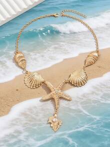 1pc Luxury Beachy Goldtone Alloy Starfish, Shell, Faux Pearl Y-Necklace, Elegant Jewelry For Beach Party, Vacation, Commute - Yellow Gold - View 2
