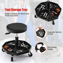 COSTWAY Height Adjustable Rolling Creeper Stool, Rolling Garage Seat W/ Tool Storage Tray, 4 Universal Wheels, 360° Rotation, Functional Pneumatic Mechanic Stool For Repair Shop, 330 LBS Max Load, Black - A - View 9