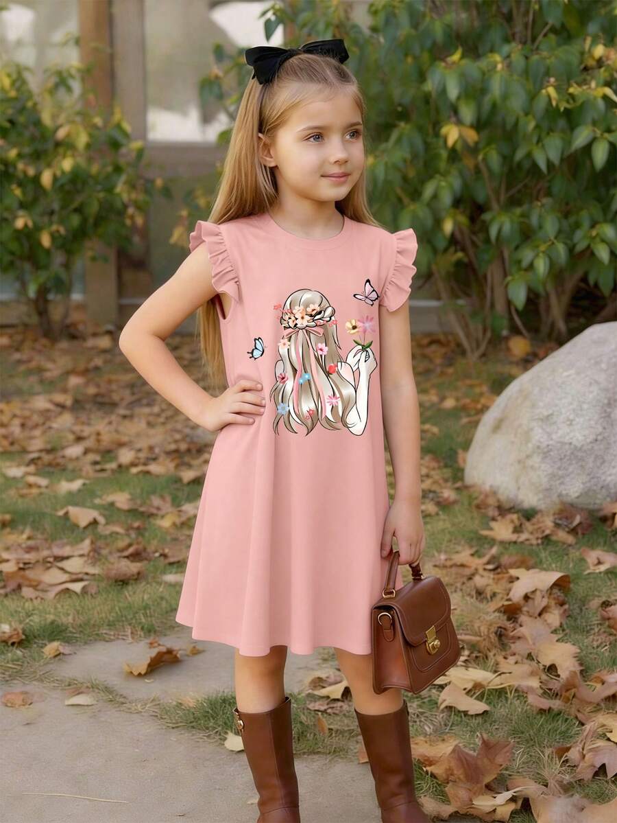 Tween Girls' Casual Cartoon Print Flutter Sleeve Dress, Summer - Pink - View 1
