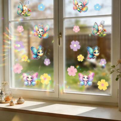 1/2片阳光捕手窗贴彩虹制造棱镜玻璃贴纸可爱蝴蝶蘑菇花可移除无胶客厅装饰防鸟撞击贴纸