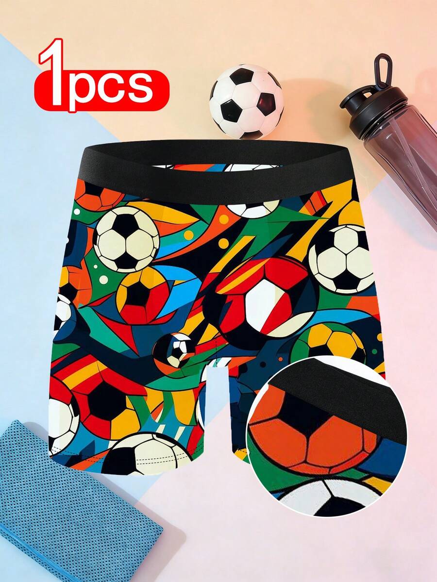 1pc World Cup Football Printed Boxer Briefs, Soft & Comfortable Sports Style, Vibrant Color Block Design, Personalized Underwear For Young Men - Black - View 1