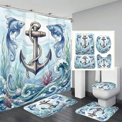Bộ rèm tắm trang trí phòng tắm đa năng họa tiết sóng biển, mỏ neo, cá (1 cái/4 cái), kèm 12 móc treo miễn phí, tạo không gian nghỉ dưỡng trang nhã. Bộ sản phẩm bao gồm thảm phòng tắm, thảm chữ U và thảm tròn, phù hợp với mọi không gian phòng tắm.