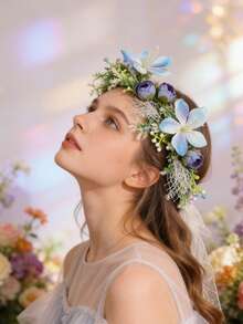 1件女孩森系人造菊花花甜美伴娘花卉髮箍 - 淺藍色 - 查看 4