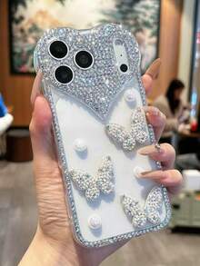 手工水钻蝴蝶结设计防震手机壳，适用于 11/12/13/14/15/16/17 Pro/Pro Max，个性化创意 - 無色 - 查看 2