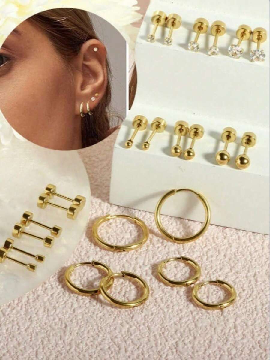 24 chiếc/12 đôi khuyên tai sụn bằng thép không gỉ không gây dị ứng, mạ vàng, kiểu dáng đinh tán phẳng, unisex, dạng vòng nhỏ, có vít vặn, thích hợp cho nhiều vị trí xỏ khuyên. - Bông tai - Xem 1