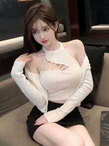 2件套 女士春夏新款针织开衫，露背背心，韩版柔软短款两件套 - 乳白色 - 查看 6