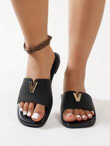 女士黑色拖鞋，新款夏季平底露趾套脚沙滩度假优雅拖鞋 - 黑色 - 查看 5