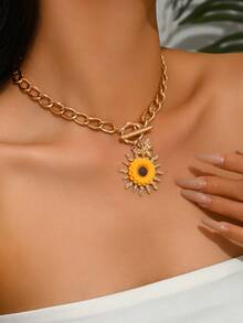 1 chiếc dây chuyền mặt dây chuyền hình hoa hướng dương và ong kiểu Bohemian thanh lịch và thời trang, dây vàng, thích hợp để đeo hàng ngày, dự tiệc, đi nghỉ mát, lễ tốt nghiệp và các ngày lễ khác. - Nhiều màu - Xem 2