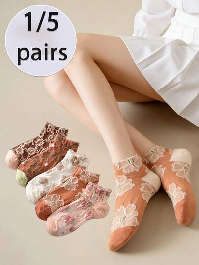 1/5 Paia di calzini corti da donna con motivo floreale vintage in rilievo, traspiranti e confortevoli, in stile pastorale, adatti per l'uso quotidiano