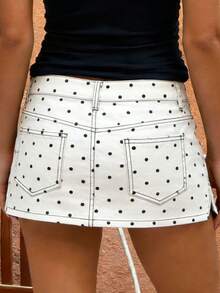 Women Summer Mini Jean Skirts Casual Dots Print Denim Skirt For Beach Vacation Club Streetwear - 白色 - 查看 6