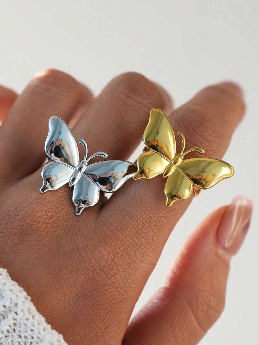 Frminee 2pcs/1pc Summer Butterfly 18k Gold Plated Stainless Steel Ring, Cute Insect Animal, Waterproof, Time For Daily Wear, Holiday Gift