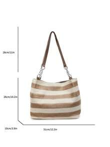 夏季新款波西米亚风条纹编织手提包 女士大容量通勤单肩包 草编材质 海边度假沙滩包 时尚百搭ins风超火大容量包 - 卡其色 - 查看 4