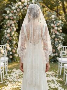 1 Pc French Lace Wedding Veil Elegant Mantilla Style Fingertip Length Bridal Veil With Comb For Bride Ivory,Summer,Beach - Ivory - View 1