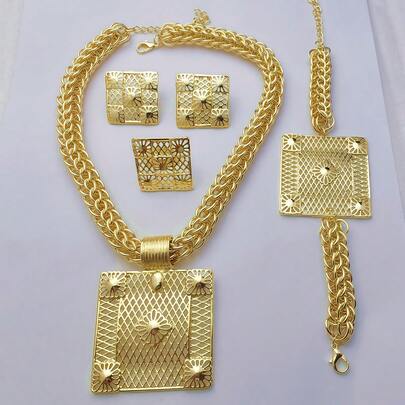Conjunto de Joias Douradas para Mulheres, Joias Douradas de Dubai, Joias Góticas Y2K para Mulheres, Brincos para Mulheres. Conjunto de 5 peças com uma corrente de metal grosso com um design de pingente grande, incluindo um colar, brincos, anel e pingente, adequado para mulheres. Presentes elegantes e bonitos para o Dia das Mães e Dia dos Namorados. Este conjunto de filigrana em formato de explosão solar transforma qualquer visual em um look viral para o dia a dia!
