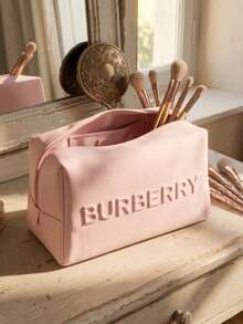 Burberry Medium Shallow Pink Canvas Makeup Bag With Embossed Logo - British Minimalist Style, Zipper Closure, Rectangular, Portable Daily Travel Cosmetic Bag Gift - Pink - View 2