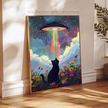 2D平面创意猫咪UFO装饰画,创意油画风格,动物帆布海报,适用于客厅、卧室和家庭办公室 - 无框设计 - 彩色 - 查看 8