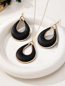 3pcs/Set Minimalist Teardrop Metal Painted Earrings & Necklace Jewelry Set, Elegant Design For Women - 黑色 - 查看 11