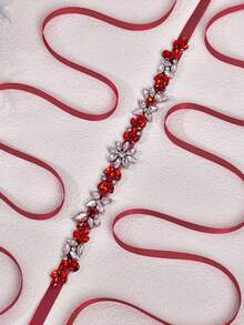 1pc Burgundy Rhinestone Wedding Dress Belt, Women's Dress Waist Accessory, Red Ribbon Decoration Suitable For Cocktail Party, Christmas Theme Party Evening Dress Belt - Red Ribbon - View 9