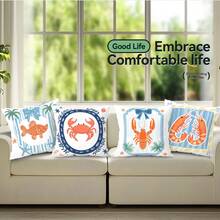 4件套，海洋生物线条艺术图案，单面印花抱枕套，适用于客厅、沙发、卧室，不含枕芯 - 彩色 - 查看 8