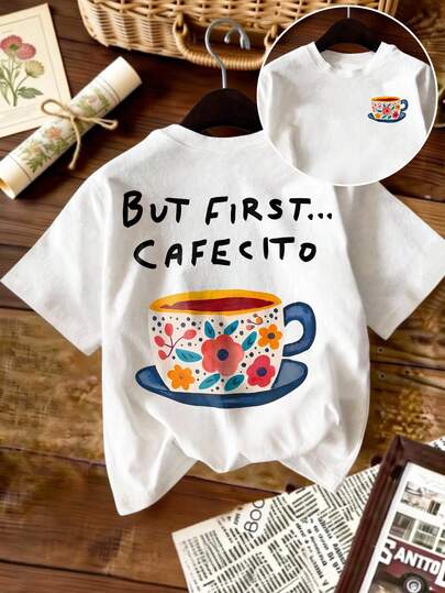 Women's Plus Size Cafecito Floral Graphic Tee, Short Sleeve Round Neck Regular Fit T-Shirt With High Stretch Fabric, Ideal For Everyday Wear