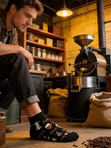 1 双男士黑色咖啡元素图案袜子，适合日常穿着，四季皆宜。 - 彩色 - 查看 4