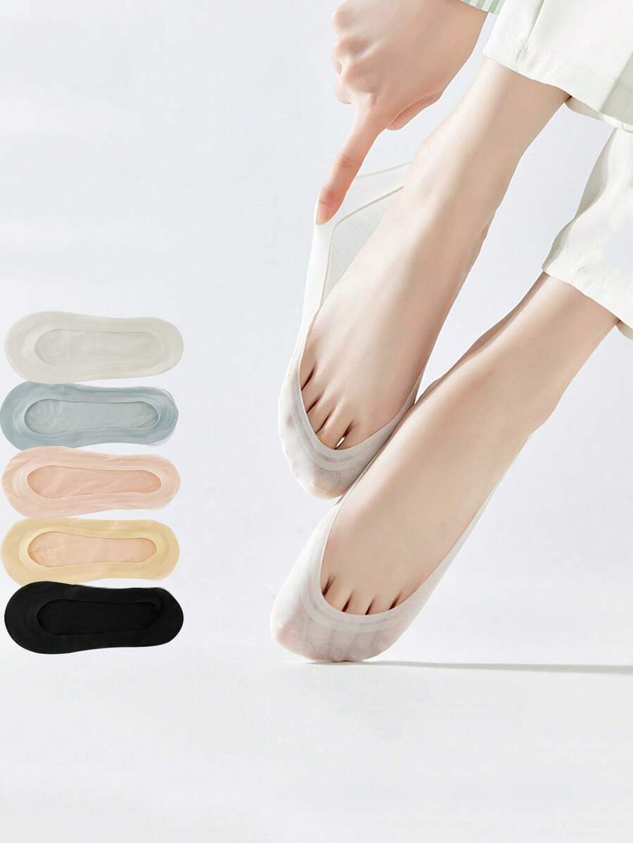 1/5/10 Pairs Women's Spring & Summer Solid Color Breathable Ice Silk Short Socks, Ultra-Low Cut Invisible Non-Slip Thin Liner Socks