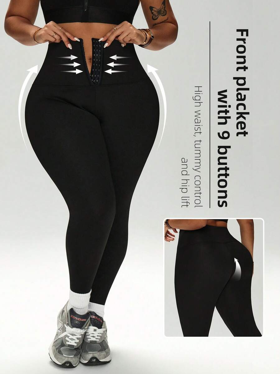 1 chiếc quần yoga cỡ lớn có lớp lót giữ nhiệt, có cúc cài ở eo, quần legging tập yoga thường ngày cho mùa thu/đông. - màu đen - Xem 1