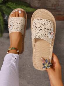 2026 Floral Decor Open Toe Flat Soft Bottom Slide Sandals, All Season - Beige - View 1