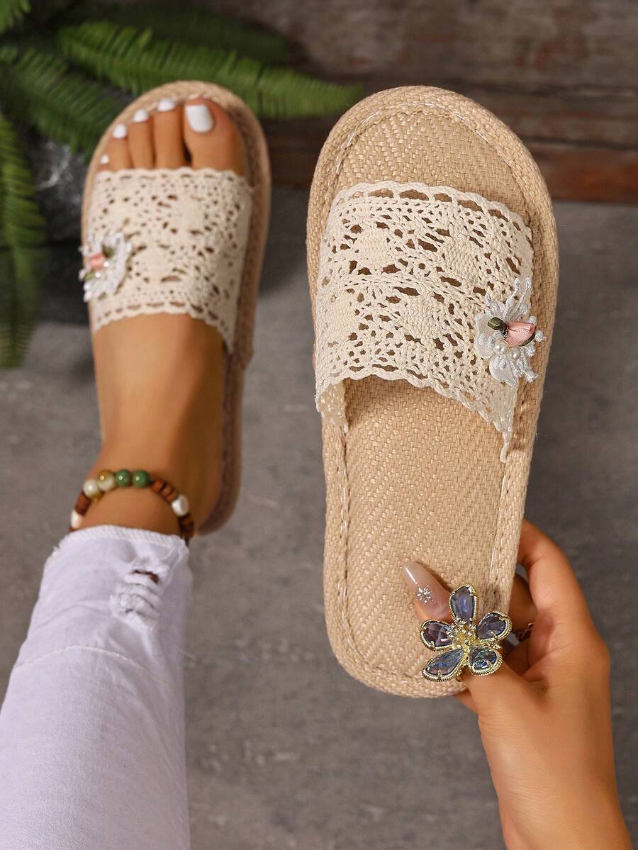 2026 Floral Decor Open Toe Flat Soft Bottom Slide Sandals, All Season - Beige - View 1