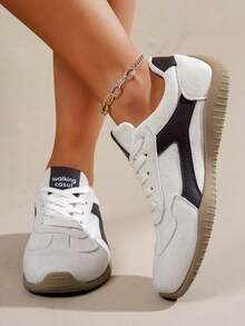 1双女士春秋新款德国训练鞋，易于清洁，圆头低帮休闲鞋，平底，舒适，百搭，小白鞋，撞色设计，运动休闲鞋，复古风运动鞋，四季皆宜 - 白灰色 - 查看 5