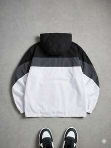 Driftmere Men's Autumn/Winter Contrast Color Drawstring And Zipper Closure Hooded Jacket - Black and White - View 4