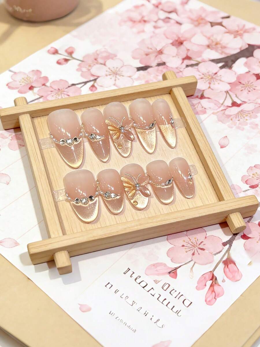 10pcs/Set Women's Handmade Zirconia Rhinestone Shiny Transparent Nude Color False Nails, Gold Cat Eye French Butterfly Nail Stickers - Multicolor - View 1