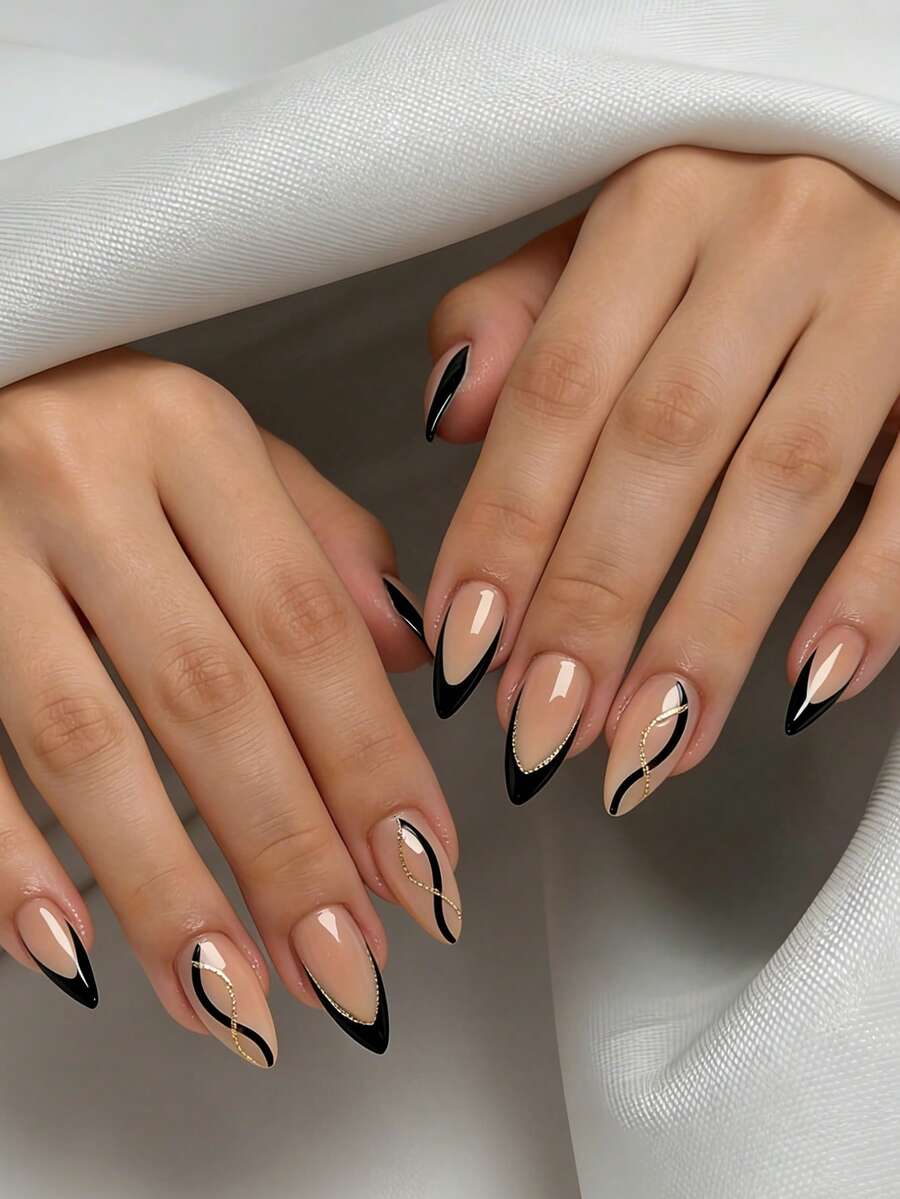 24片杏仁形优雅别致的黑金条纹裸色亮面亚克力假指甲，时尚百搭，适合约会、派对、春夏秋冬日常佩戴，可卸式按压美甲套装，包含果冻胶和指甲锉，果冻胶颜色随机。 - 彩色 - 查看 1