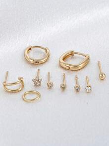 10pcs Personalized Cubic Zirconia Stud Earrings Set, Multi-Layer Pierced Cartilage Earrings, Suitable For Women Office, Birthday Party, Music Festival Layering - Yellow Gold - View 2